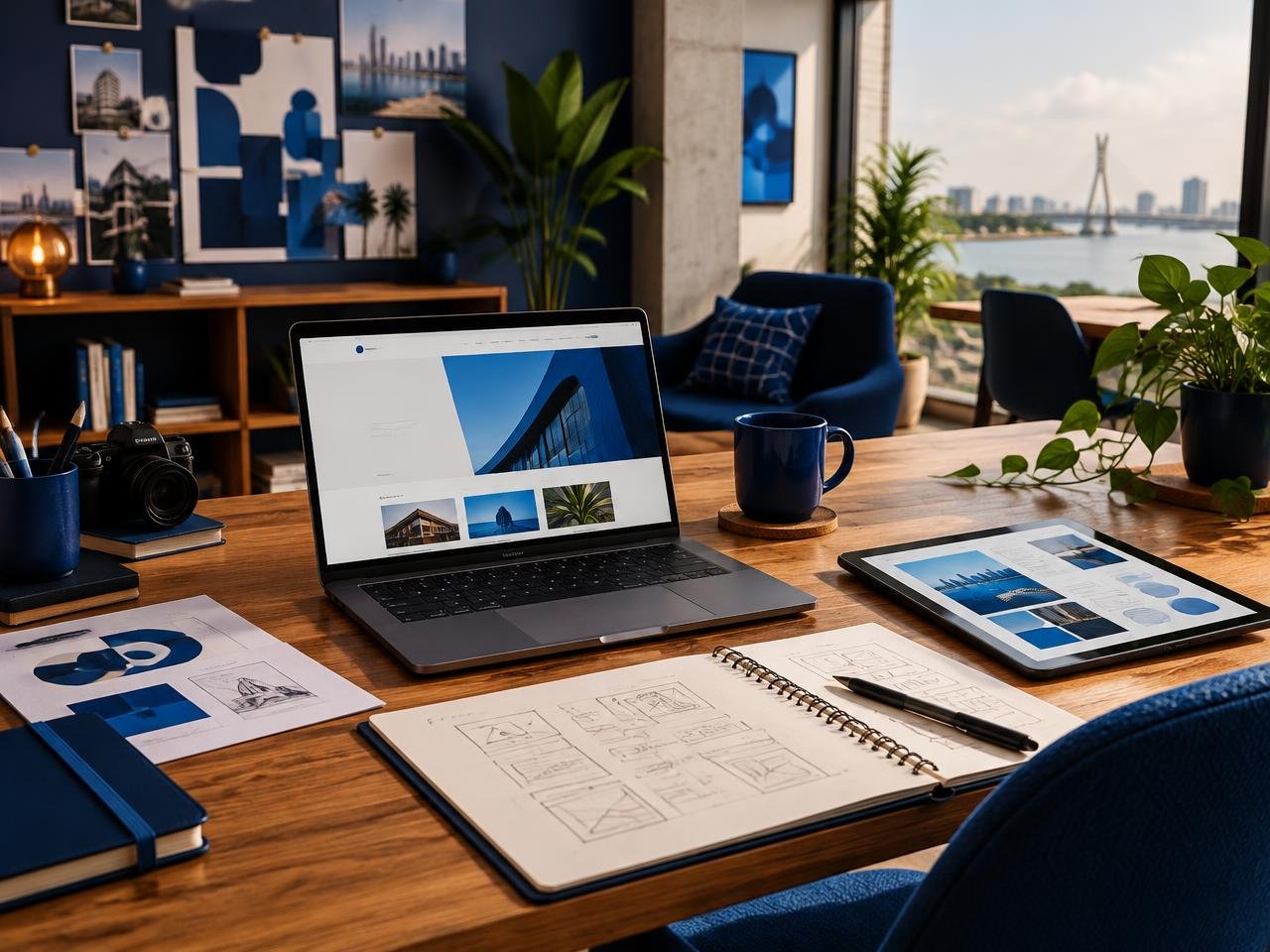 A modern design studio workspace with a laptop showing a website layout and sketches